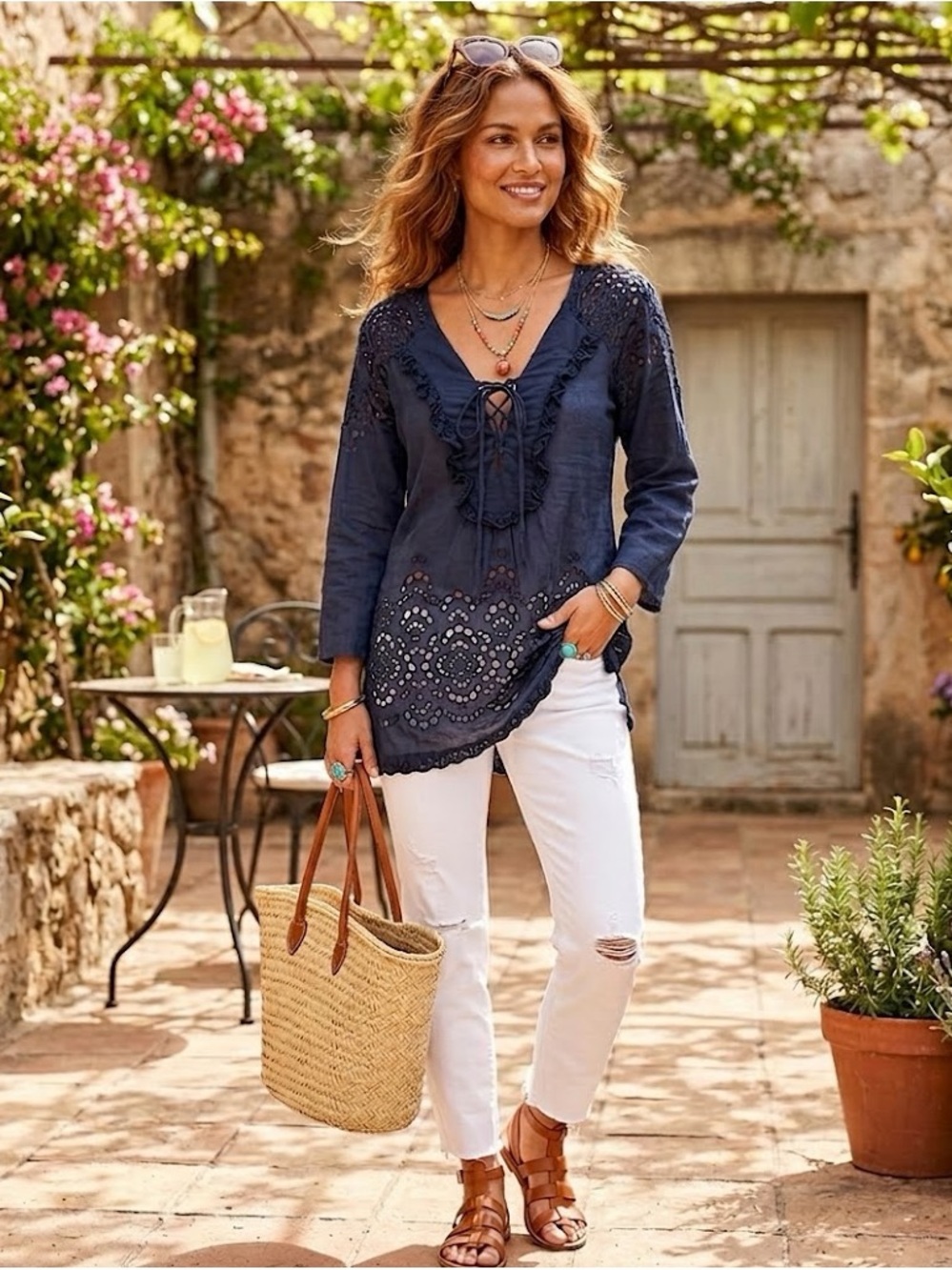 Boston Proper Navy Blue Ruffle Eyelet Tie Up Bohemian Tunic Blouse Size XS